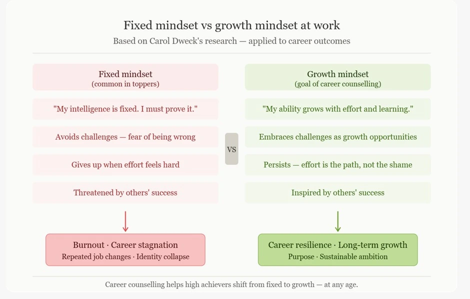 "Fixed mindset vs growth mindset career outcomes — Carol Dweck's theory applied to topper burnout and career counselling"